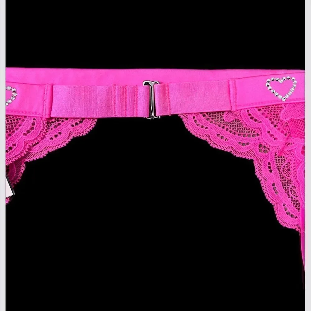 Victoria’s Secret Very Sexy Pink Lace Crystal Hearts Strap Garter Belt Pink Xs/S